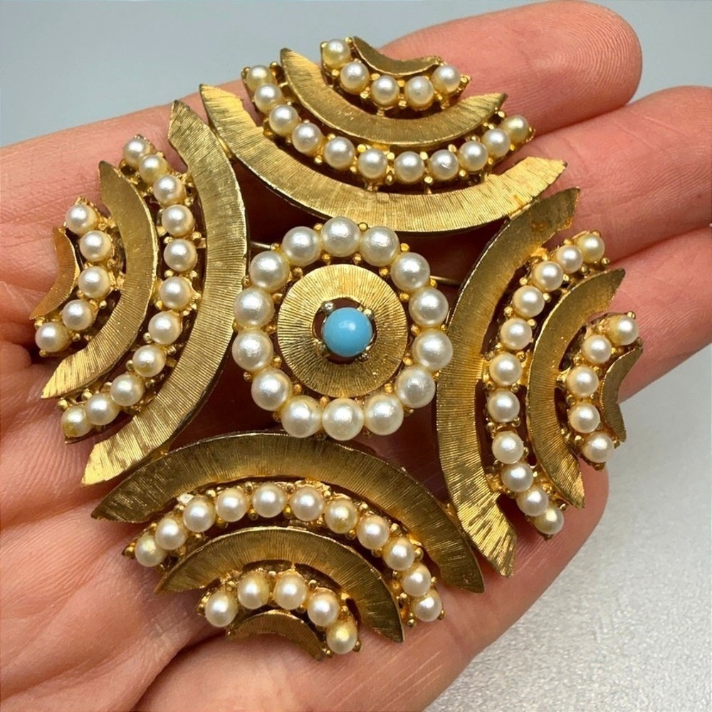 Vintage R. Mandle Etruscan Revival Gold Tone Brooch Faux Pearl Blue Stone Large